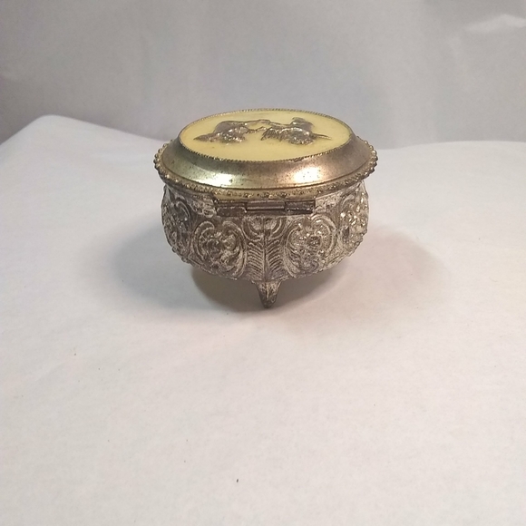 Vtge Japan Silver Metal Box Footed Trinket Jewelry Catcher W/Cherub Angel - Picture 4 of 9